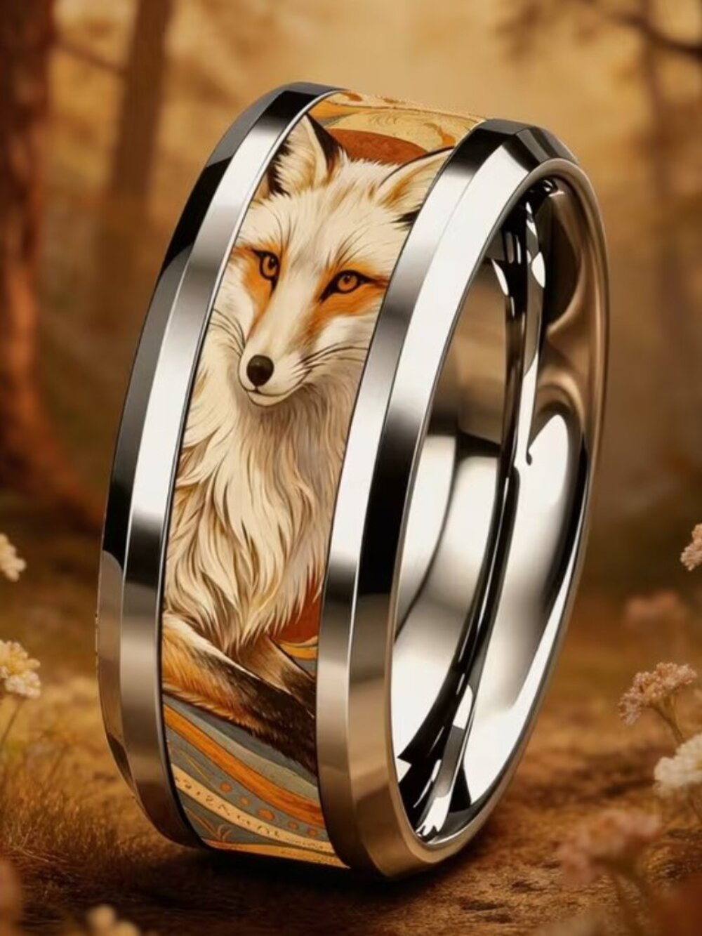 Silver Stainless Steel FOX Band Ring Size 7